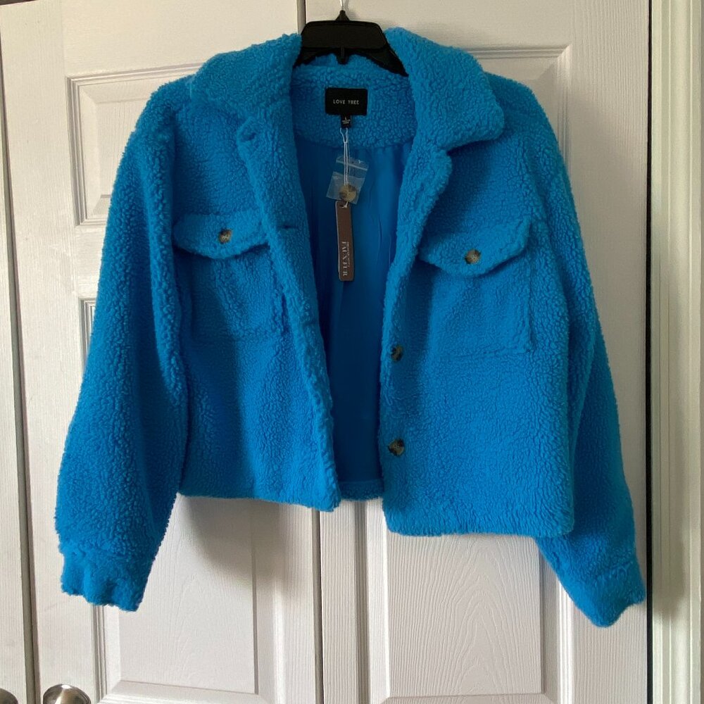 Love Tree Large Sky Blue Sherpa Button Up Faux Fur Coat or Jacket NWT